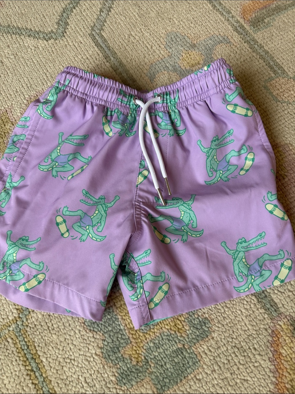 Kids Purple Alligator Print Swim Trunks